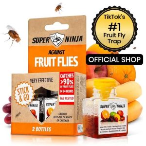Super Ninja Fruit Fly Traps  - Very Effective Catcher for Kitchen Counters & Trash Bins - Natural Liquid Bait - Safe for Kids & Pets - 2 Bottles - 3 Weeks Protection - Eco-Friendly Design Household Pest Control